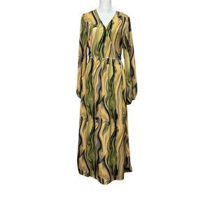 & Other Stories Green and Yellow Long Sleeve Wrap Maxi Dress
